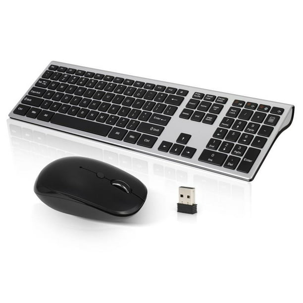 Laptop Vssoplor 2.4GHz Rechargeable Compact Quiet Full-Size Keyboard and Mouse Combo with Nano USB Receiver for Windows Wireless Keyboard and Mouse PC Notebook-White and Silver 